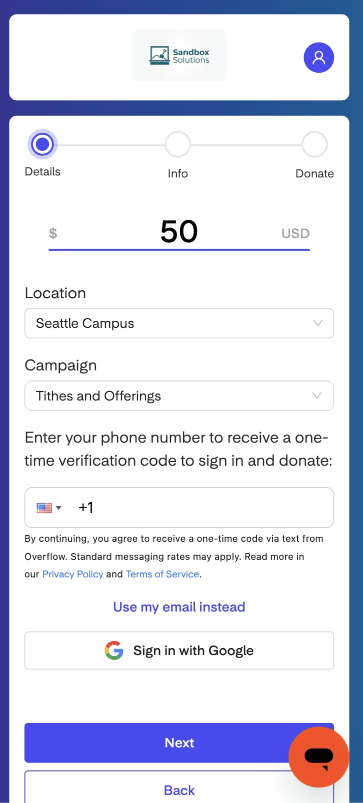 Overflow giving flow locations and funds screen