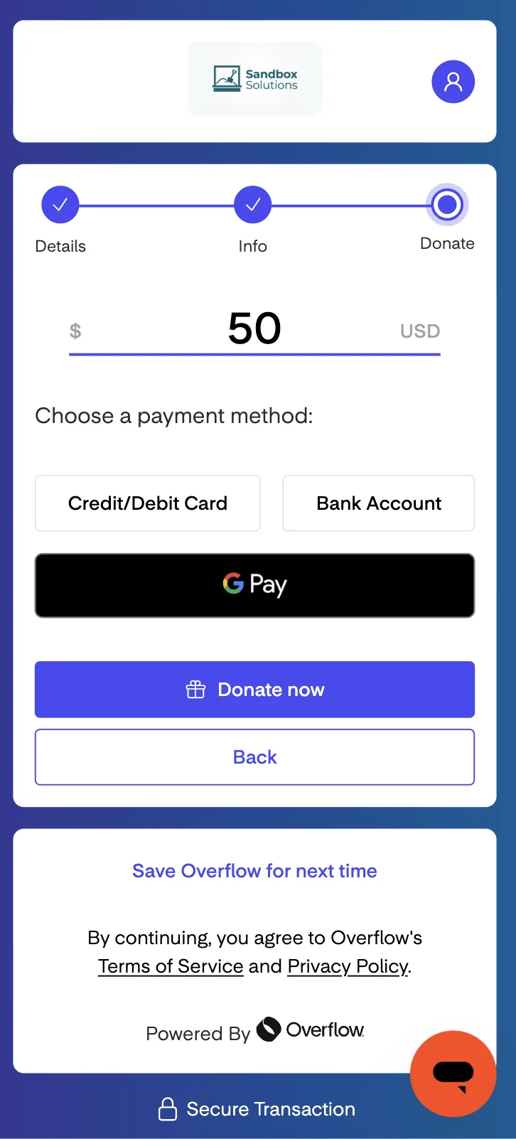 Overflow giving flow payment methods screen