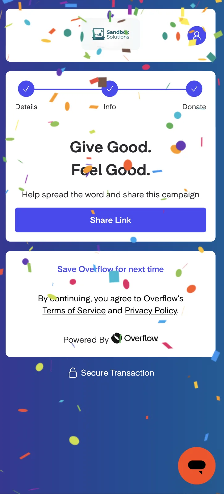 Overflow giving flow success screen