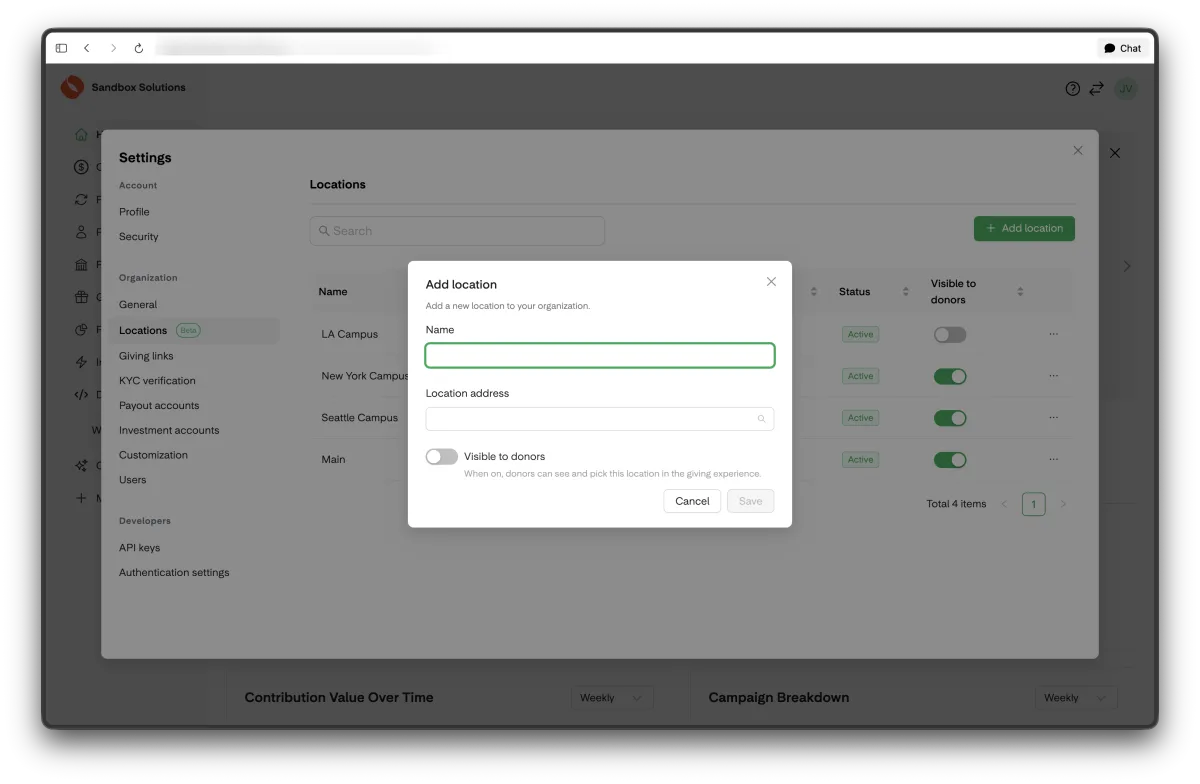 Nonprofit dashboard create location screen