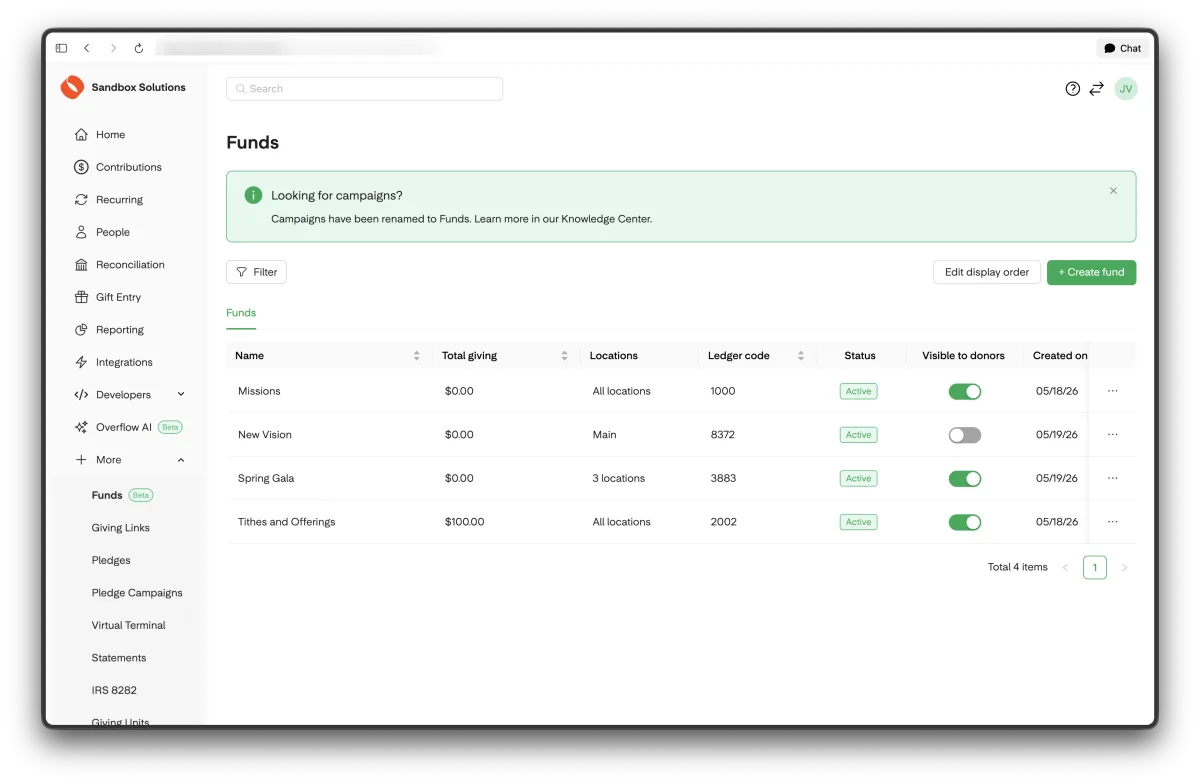Nonprofit dashboard funds screen
