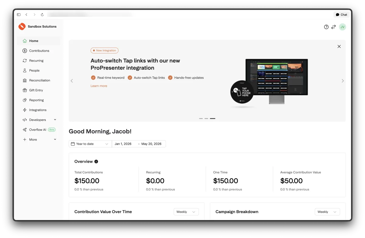 Nonprofit dashboard home screen