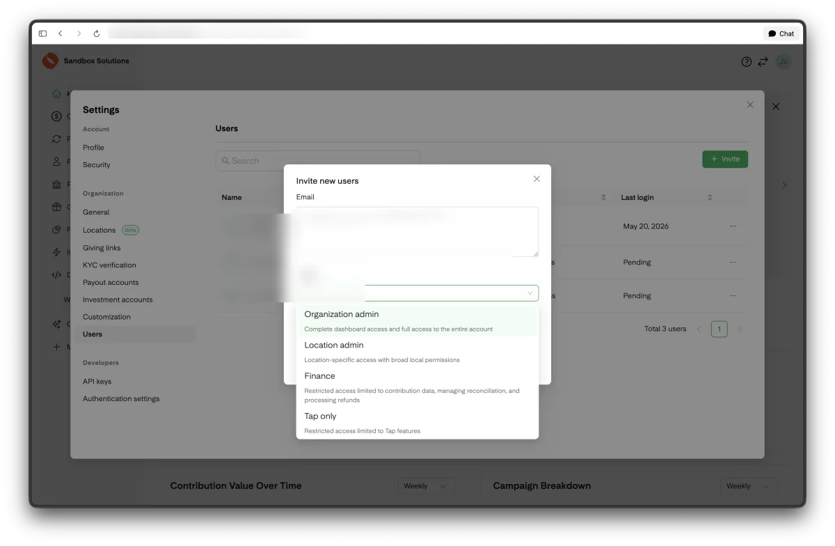 Nonprofit dashboard invite admins screen