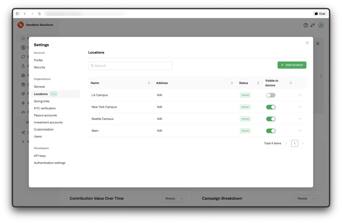 Nonprofit dashboard locations screen
